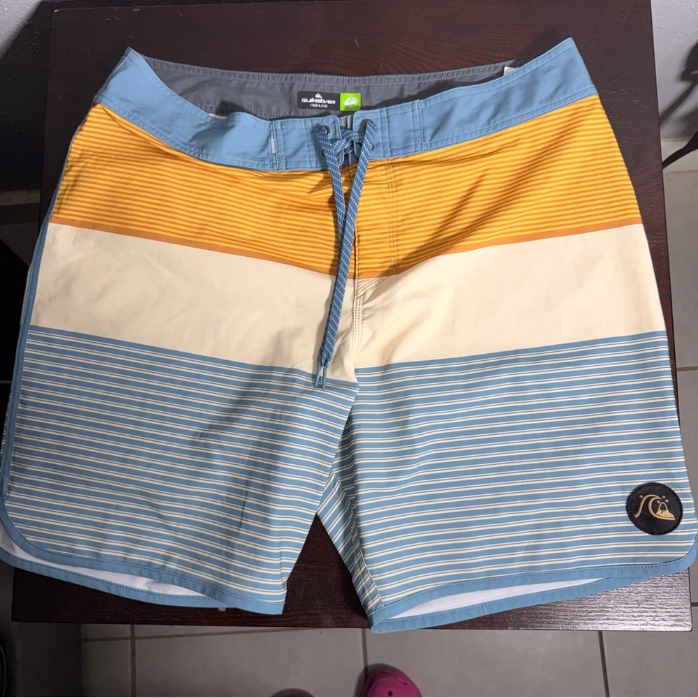 Quiksilver Blue and Yellow Striped Board Shorts